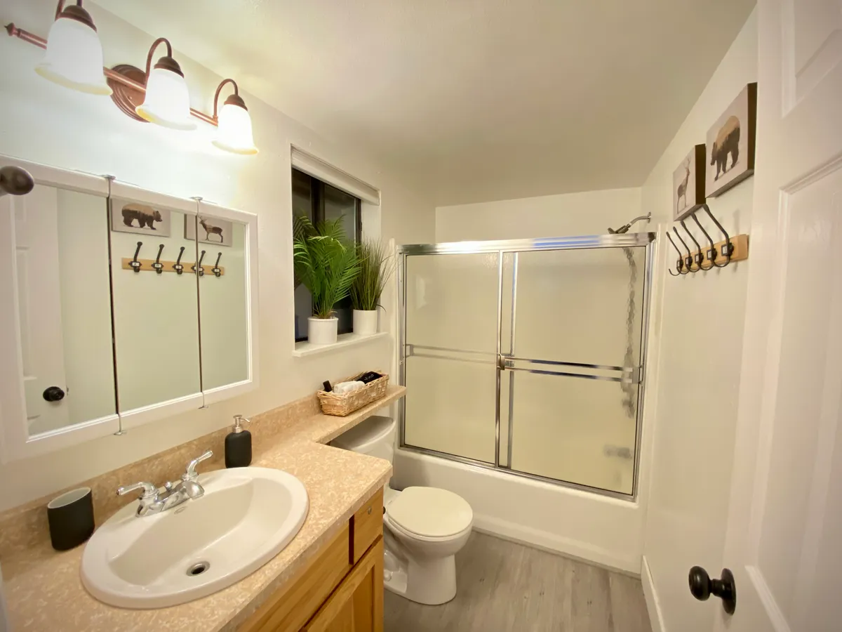 A serene and modern bathroom featuring a glass shower enclosure, stylish sink, mirrored cabinet, and touches of greenery. The space is immaculate and inviting, ideal for freshening up after a swim, hot tub session, or a day outdoors.